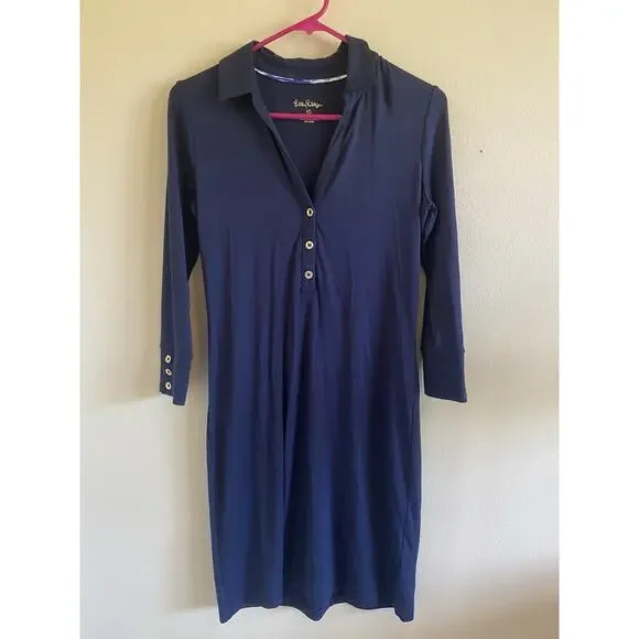 Lilly Pulitzer Navy Blue Gold Tone Button Collared Jersey Knit Dress‎ Womens XS - Picture 2 of 16
